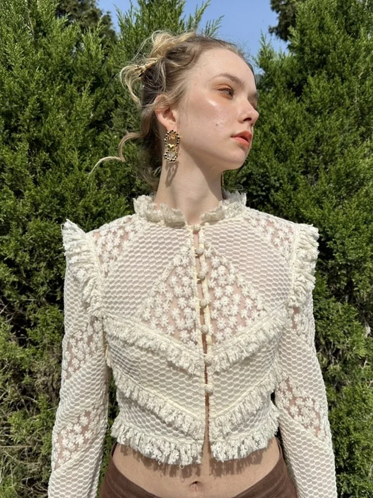 

Роскошная кружевная блузка с вышивкой в стиле ретро, Женская Осенняя модная однобортная блузка с перламутровыми пуговицами и длинным рукавом, женская блузка