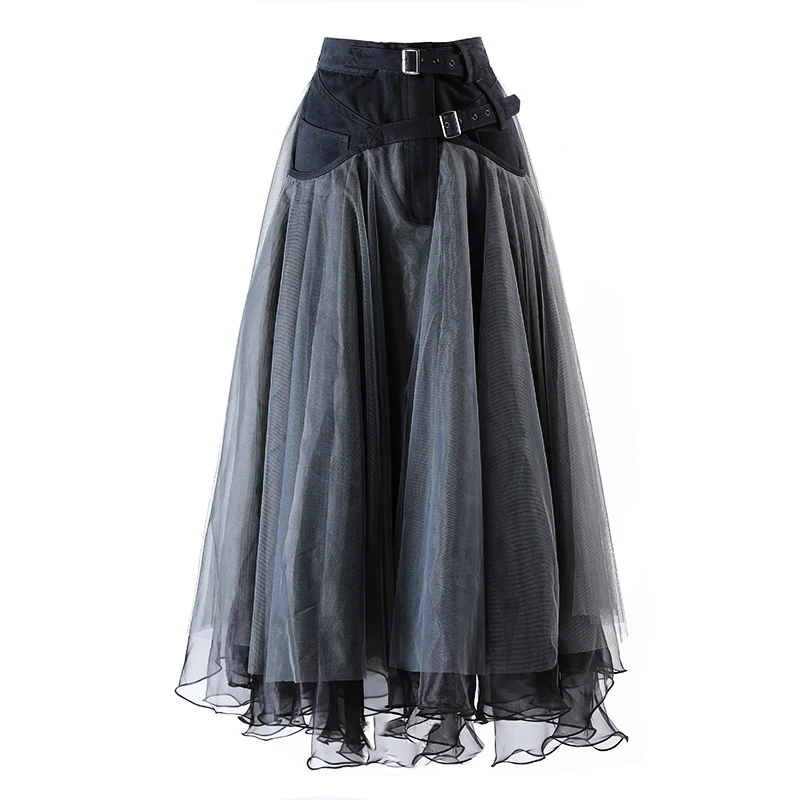 

PHOEBE HZ Early Autumn Women Midi Clothing 2023 Korean New Style Mesh Patchwork Darkly Fashion Younger INS A Line Puffles Skirt