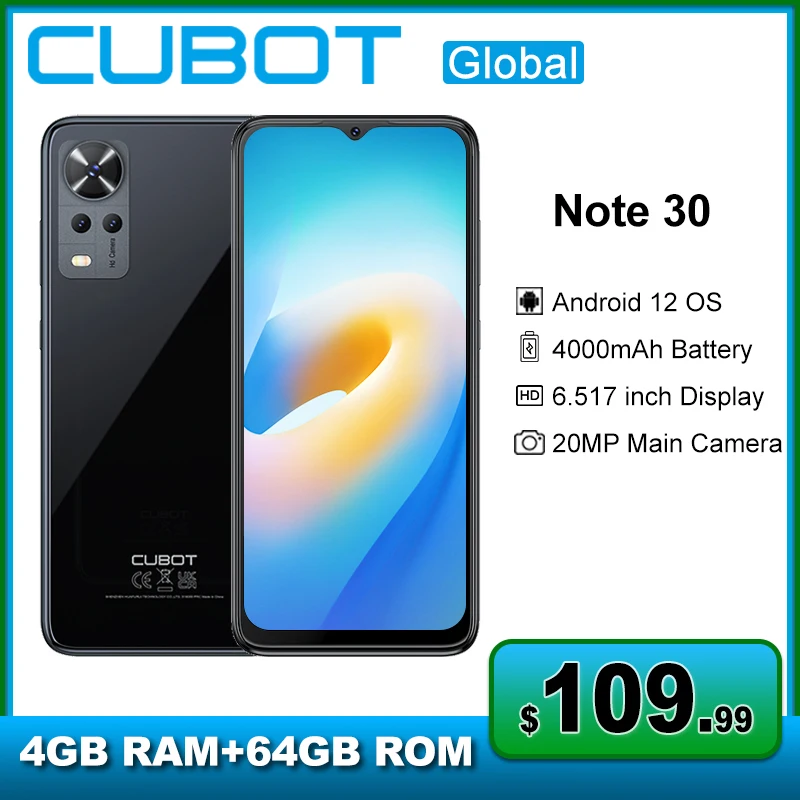 Cubot Note 30 Phone 6.517-Inch Display 4000mAh Battery 4GB+64GB Octa-Core Cellphones Android 12 20MP Camera Face ID Smartphone