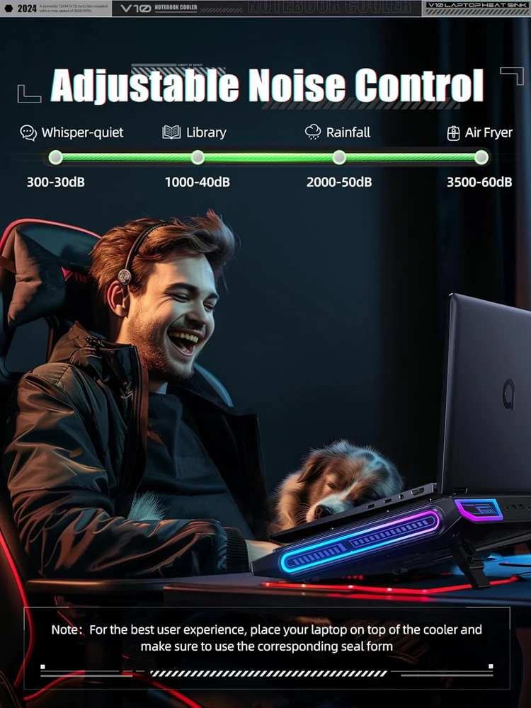 Подставка-кулер для ноутбука V10 RGB с мощным внешним турбо-вентилятором диаметром 4,72 дюйма, быстро охлаждает ПК 13–17,3 дюйма, 4-портовый USB C&A (art.: 3920cd0bee2ac) - 3920cd0bee2ac