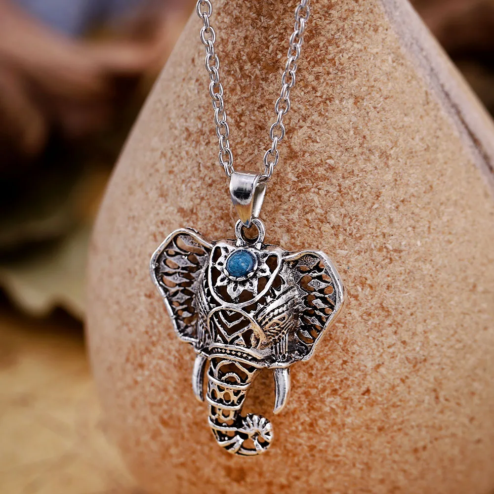 

Bohemian Ethnic blue stone Elephant Pendant Necklace Vintage women statement jewelry Necklace for Women initial necklace