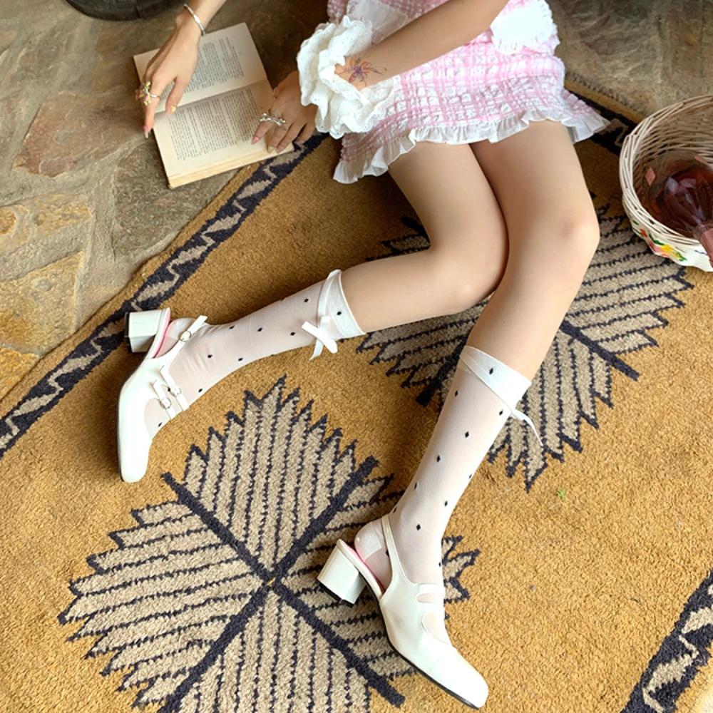 Small Dots All-Matching Loose Socks Thin Lace up Bowknot Girl Tube Socks Children