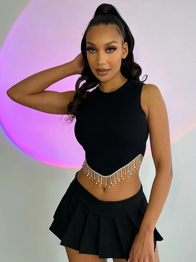 

Black White Elastic Ribbed Summer Women's Tops and Tees Sexy Crewneck Sleeveless Tassel Stitching Cropped Length Tank T-shirt
