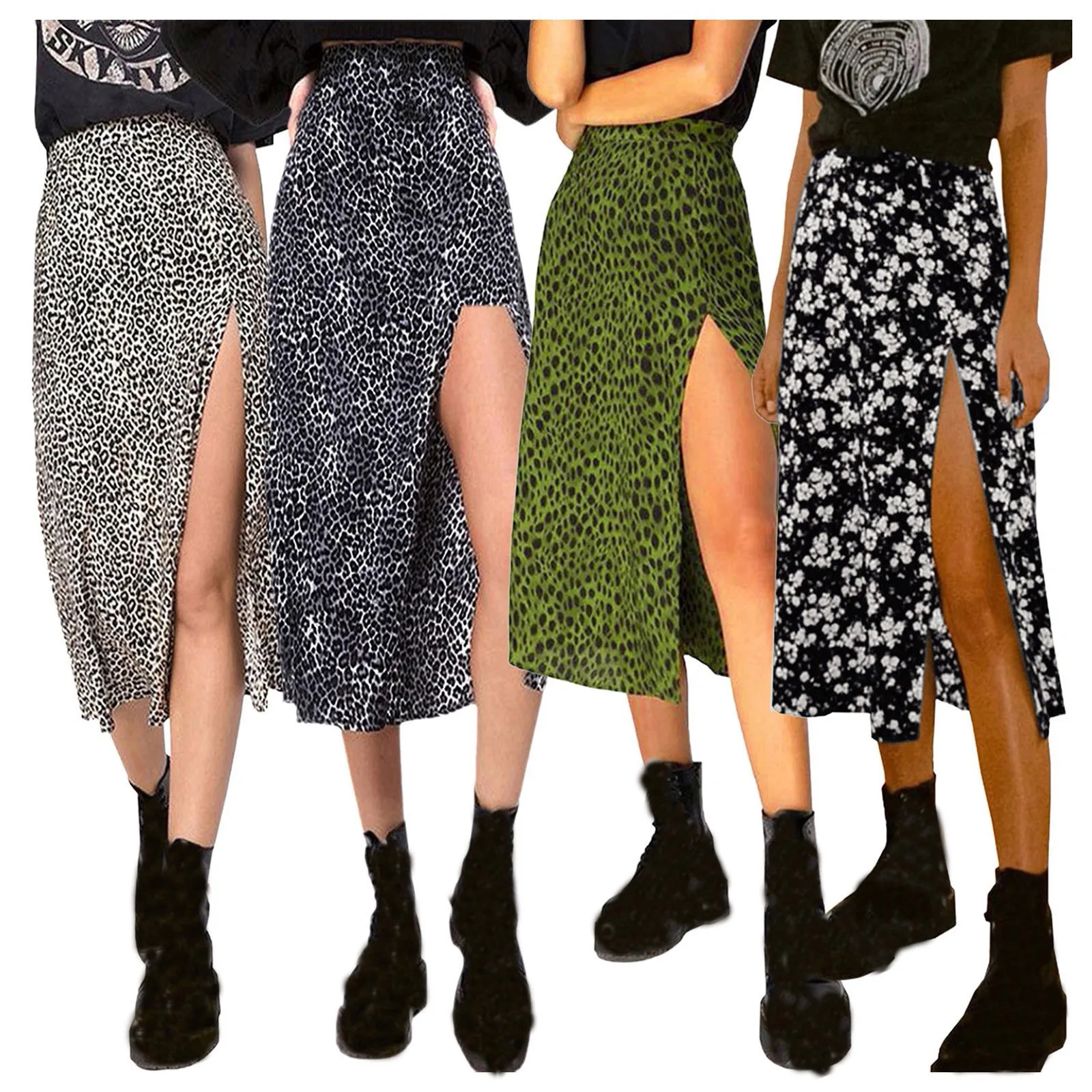 

Long Flowers Sexy Casual High Women's Waist Skirt Leopard Print Skirt