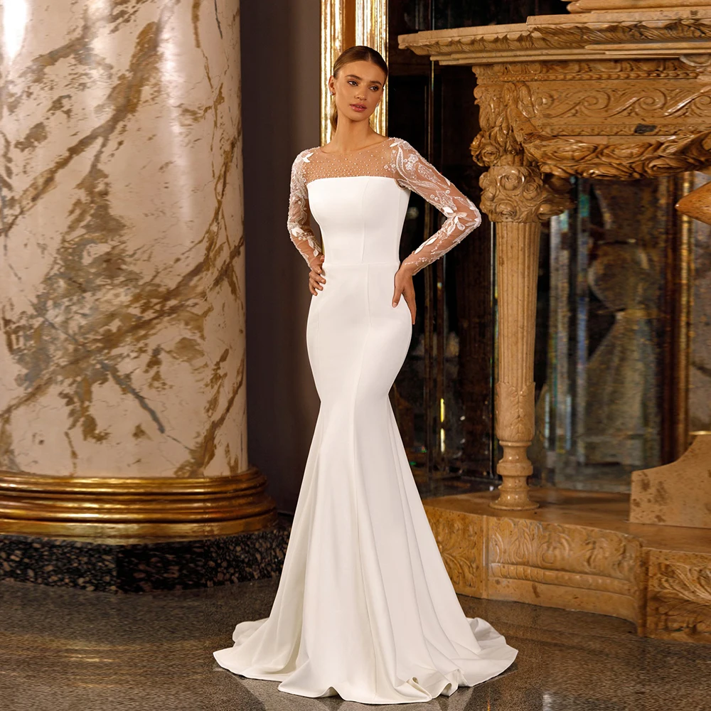 

Graceful Mermaid Wedding Dress for Women Bride Boho Beadings Button Back Scoop Lace Long Sleeve Custom Made Vestidos De Novia