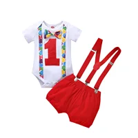 Baby Clothes Girls First Cake Smash Outfit Letter One Printed  Romper Suspender Pants Fashion  for Infant 1 Year Old