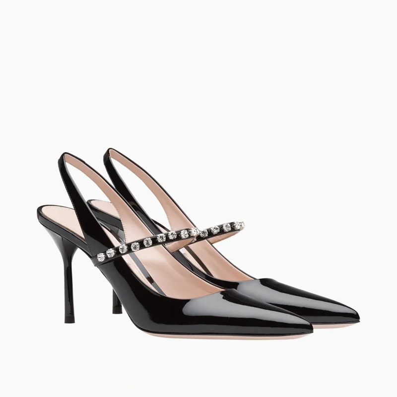 

Женские босоножки из лакированной кожи, на высоком каблуке, с острым носком, с цепочкой и кристаллами, туфли-лодочки, весна-лето 2023