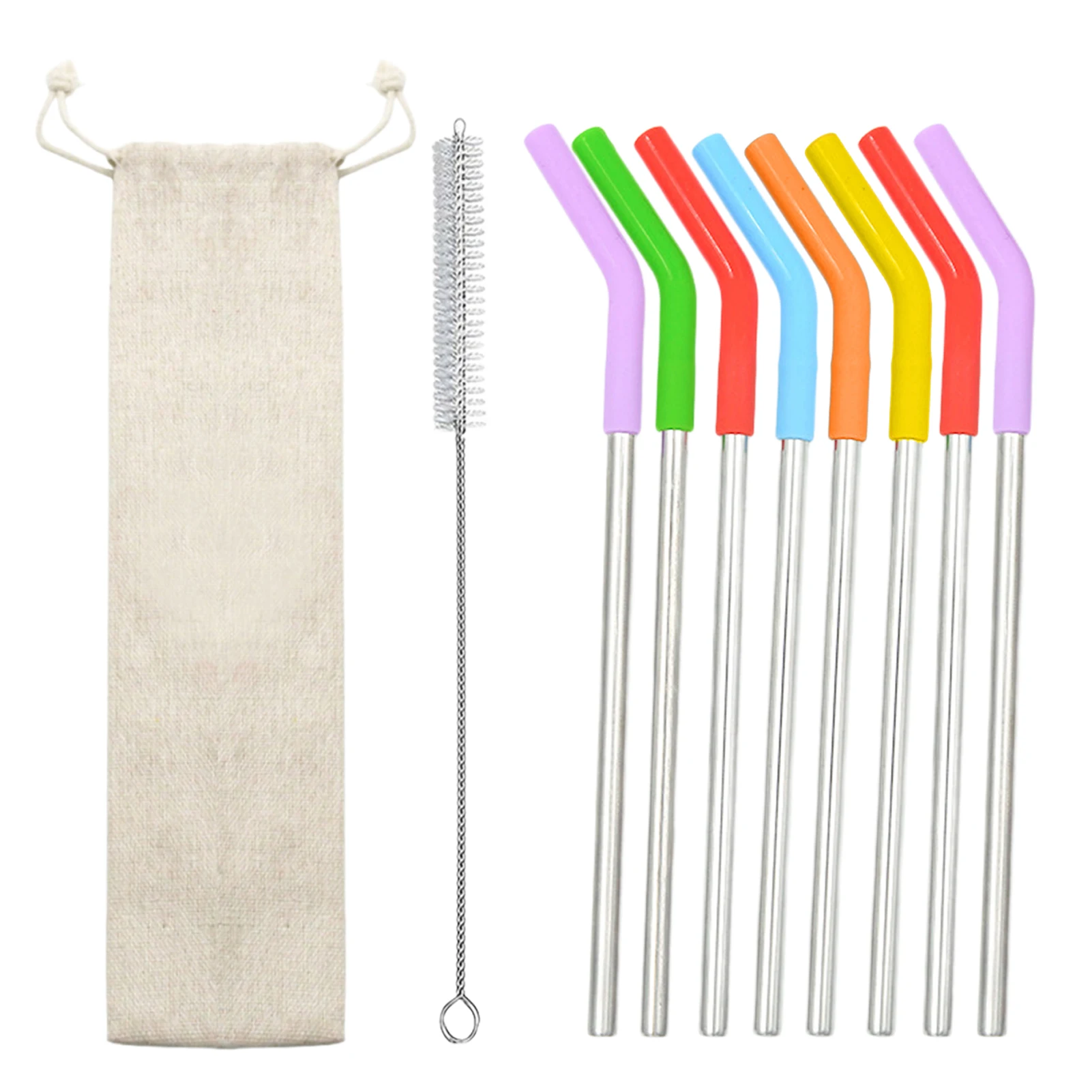 

8pcs Curved Bend Silicone Tip Dishwasher Safe Long Random Color Stainless Steel Straw Cocktails Softy Cleaning Brush Reusable