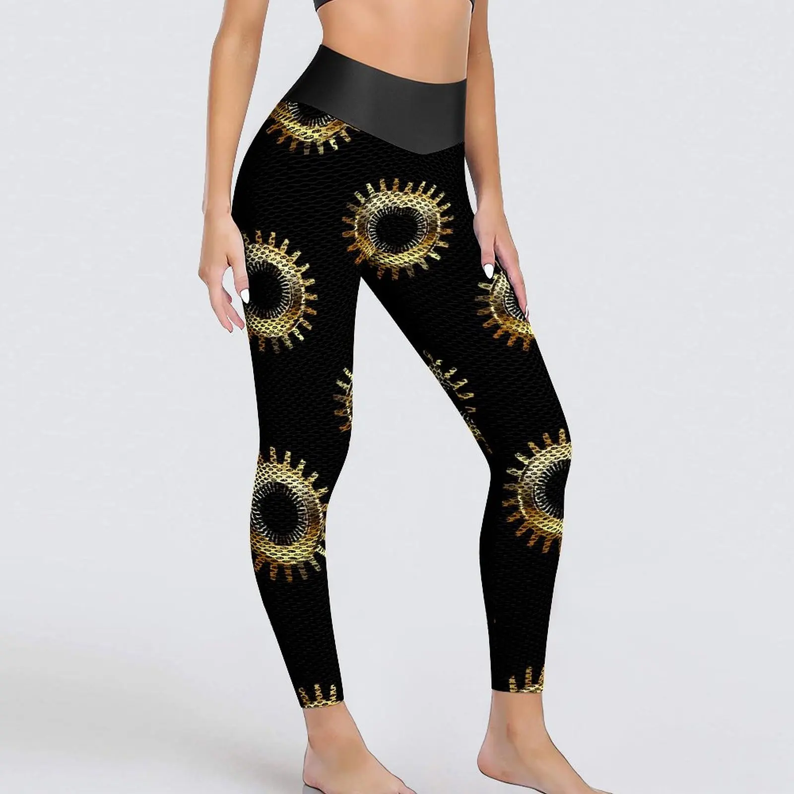 

Steampunk Print Yoga Pants Sexy Golden Gear Design Leggings High Waist Fitness Leggins Female Retro Seamless Sport Legging