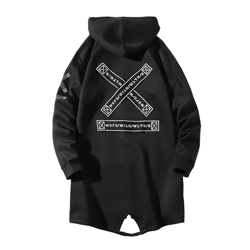 

New in Spring Autumn Men Hooded Jackets Print Harajuku Windbreaker Ribbon Overcoat Male Casual Outwear Hip Hop Streetwear Coats