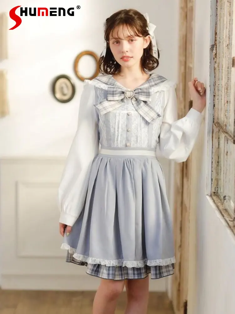 

Женское платье миди в японском стиле Лолита, с бантом и оборками, милая осенняя одежда, платье в клетку с морячным воротником и длинным рукав...