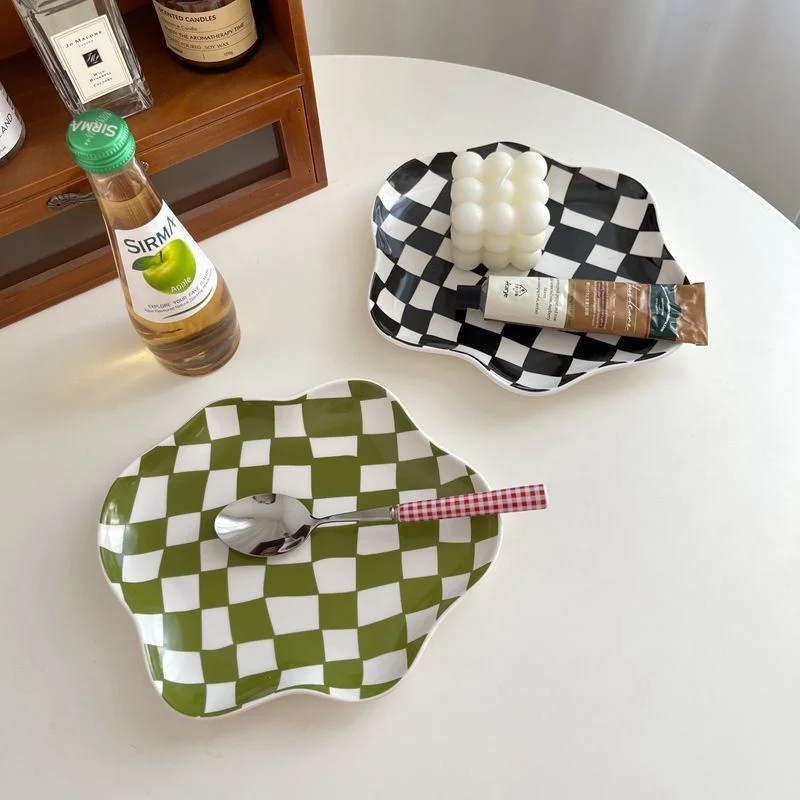 

Ceramic Breakfast Tray for Cake Breads Platter Checkerboard Fruits Snack Appetizer Serving Dish Jewelry Ornaments Storage Plate