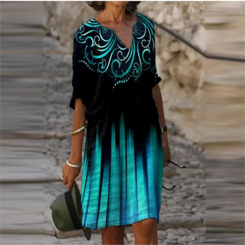 

Women's Summer V-neck 5/4 Sleeve Vintage Dresses Elegant Printing Midi Vestido Longo Feminino Sexy Dress Women Clothes S-3xl