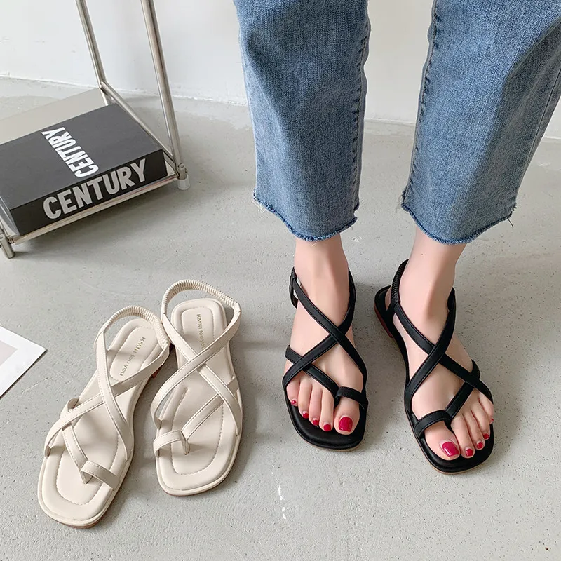 

Beige Heeled Sandals 2022 Summer All-Match Flip Flops Platform Beach Shoes Black Corrective Comfort Fashion Flat Gladiator Girls