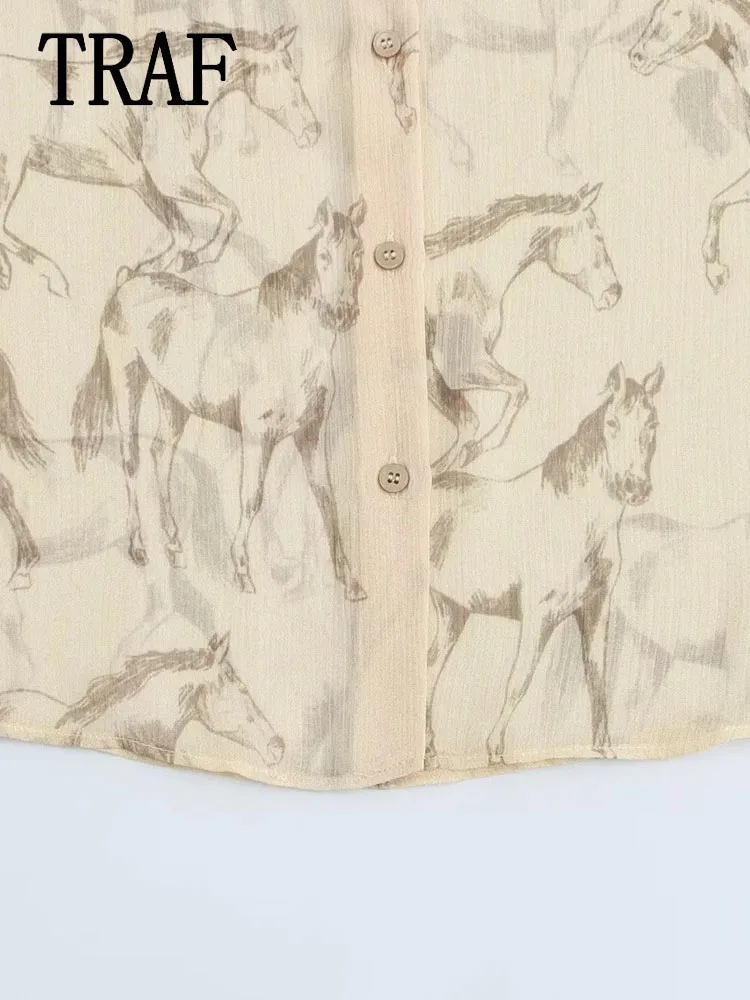 TRAF женская рубашка с принтом модная элегантная однобортная уличная длинными