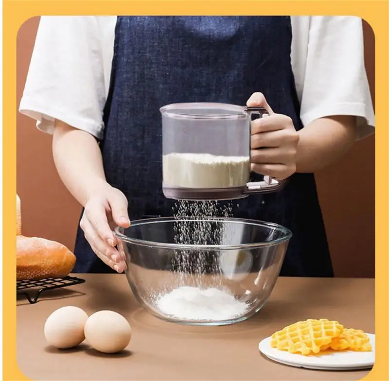 

Handheld Plastic Sieve Cup Powder Flour Baking Tool Icing Sugar Mesh Sieve Colander Crank Sifter With Measuring Scale