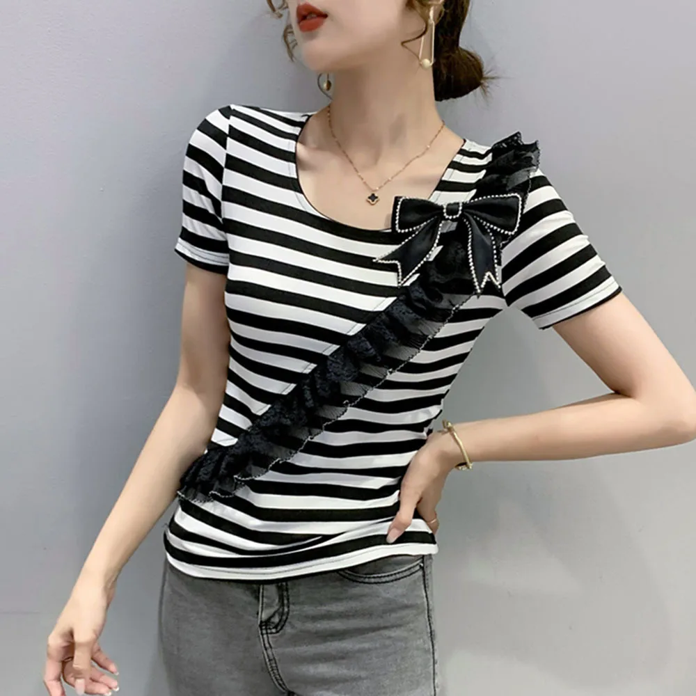 

Летняя хлопковая футболка в европейском стиле с оборками, шикарные сексуальные косые воротники нашивка с бантом, женские топы с бриллианта...