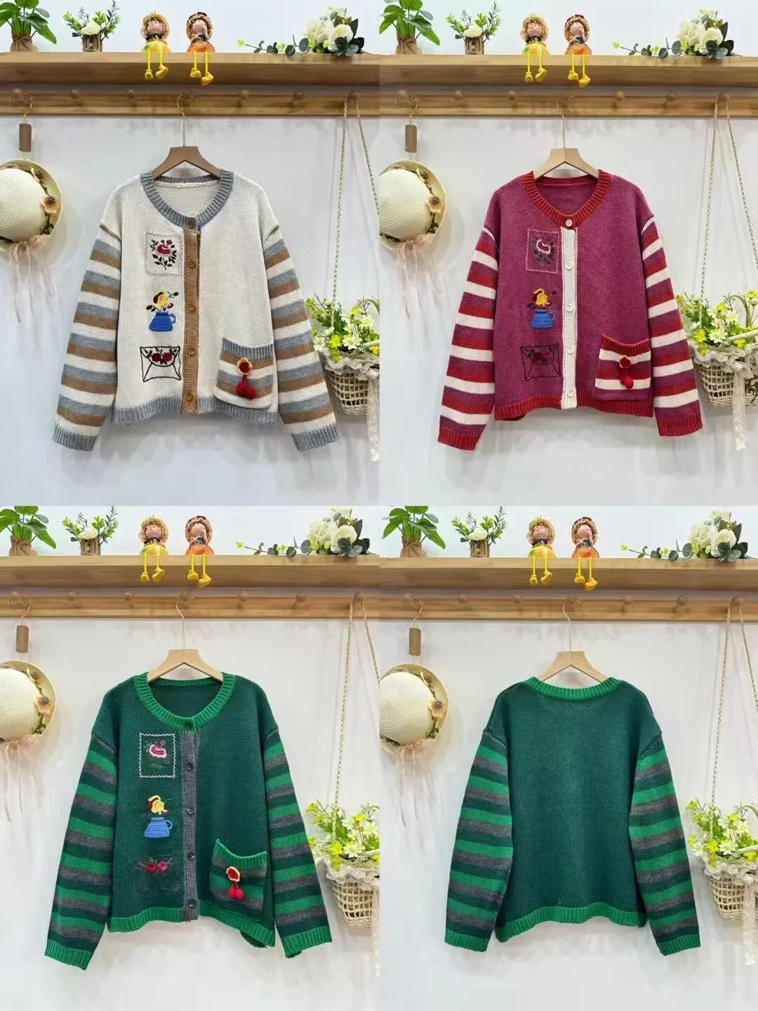 Осень-зима милый свитер с вышивкой женский однобортный вязаный круглым вырезом