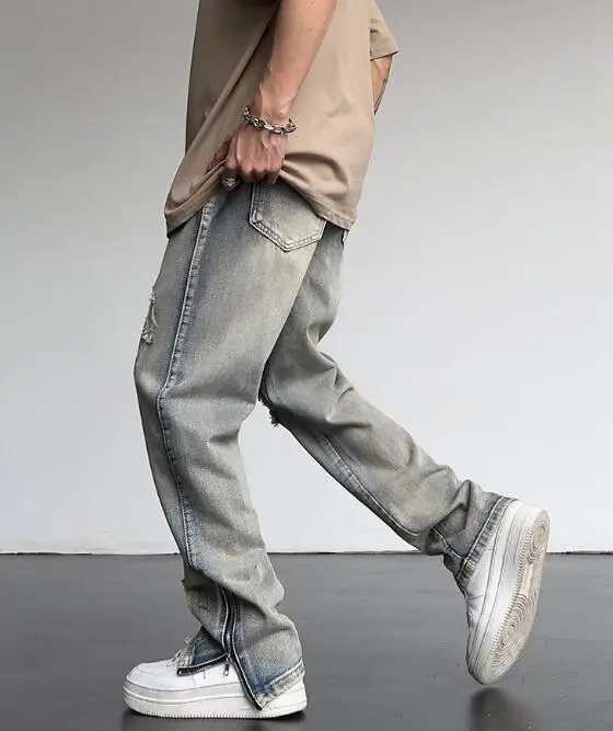 Men's Jeans High Street Ripped Vintage Washed Jeans High Waist Loose Straight Hem Zipper Jeans