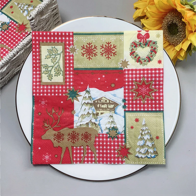 

2022 New 20Pcs/Bag Christmas Tree Paper Napkins Merry Christmas Letters Decoupage Serviettes for Xmas Party Tableware Decor 6