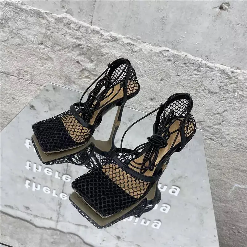 sandalias de mujer verano New Sexy Mesh Pumps Sandals Female Square Toe High Heel Lace Up Cross-Tied Stiletto Hollow Dress Shoes