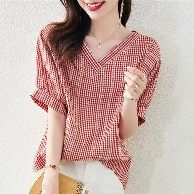 Vintage Printed V-Neck Plaid Puff Sleeve Blouse Women's Clothing 2023 Summer New Casual Pullovers Loose Commute Shirt