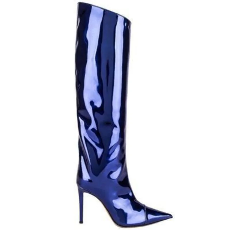 Europe and America 2023 New High Heel Pointed Laser Phantom Lacquer Leather Stage Performance Fashion Large Size Women's Boots