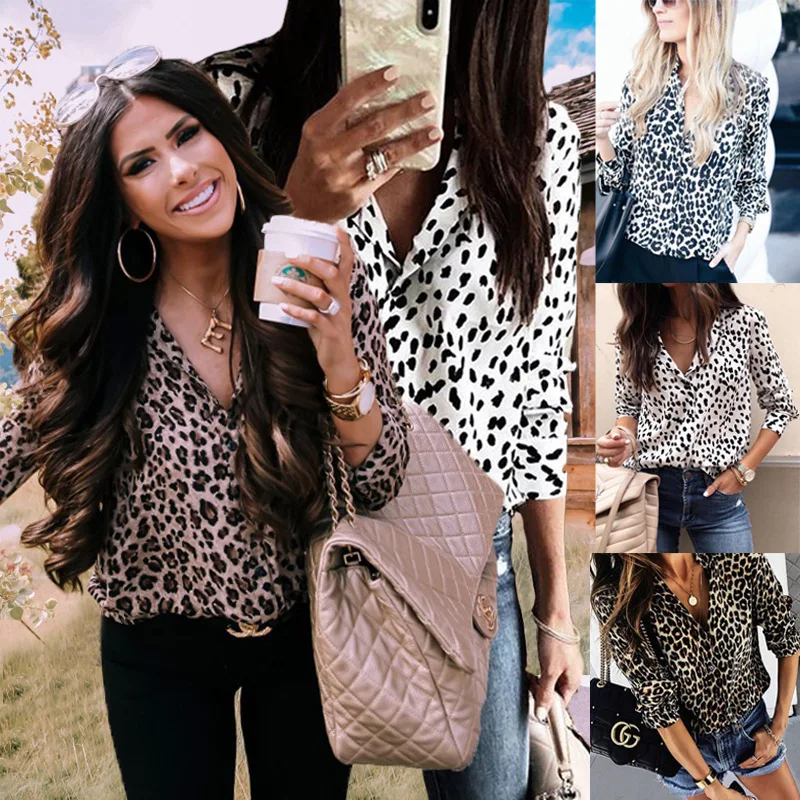 

Casual Shirts Women Leopard Turn-down Collar Long Sleeve Plus Size Shirts Ladies Plus Size 3XL Top