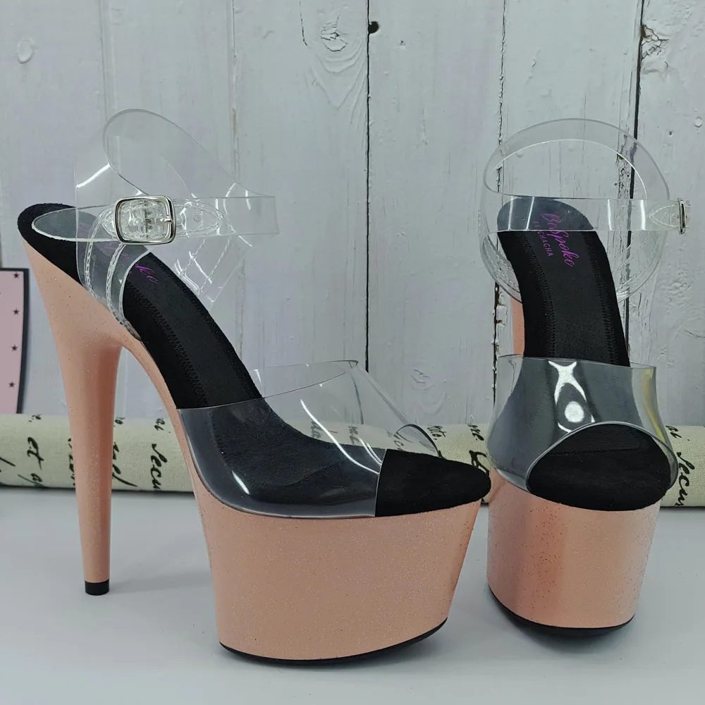 Leecabe  Brown Painting Stripe style high heel sandals 17cm/7inches sexy model shoes pole dance shoes