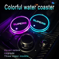 2 pcs led atmosphere light 7 colors luminous coasters cup holder for skoda superb 2014 2017 2018 2021 logo auto accessories
