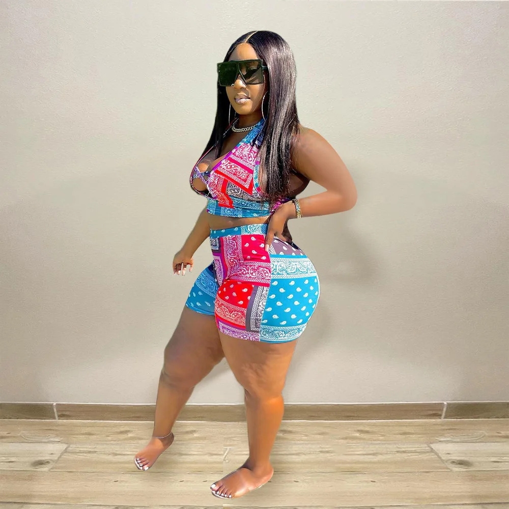 Plus Size Two Piece Set Bandana Shirt and Pant Sexy Women Bodycon Outfit 2022 Summer Print Tracksuit Female Casual Fashion Top