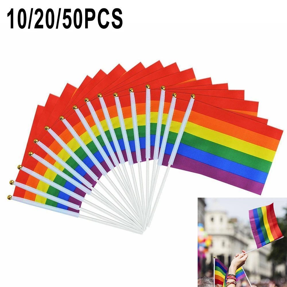 

10/20/50Pcs Handheld Rainbow Flag 20x14cm Mini Desktop Hand Flags Waving Pride Party With White Small Stick Garden Decoration