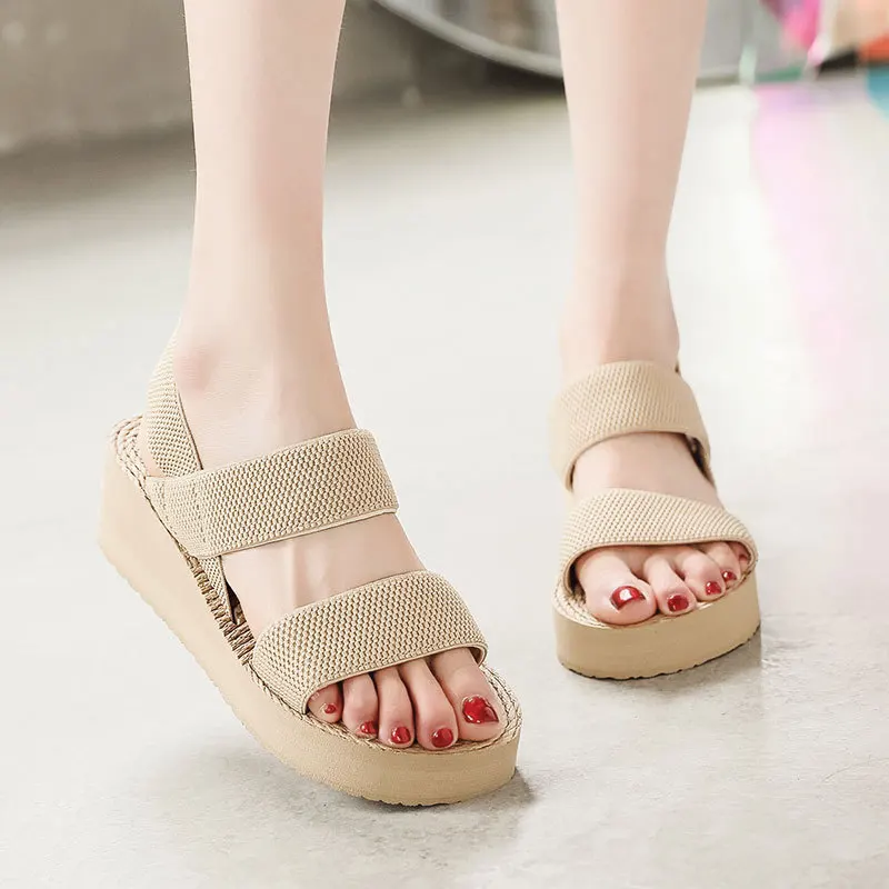 Outerwear Fashion 2022 Summer New Non-slip Wedge Sandals Women Elastic Straps Thick Bottom Open Toe Fashion Casual Sandals Women