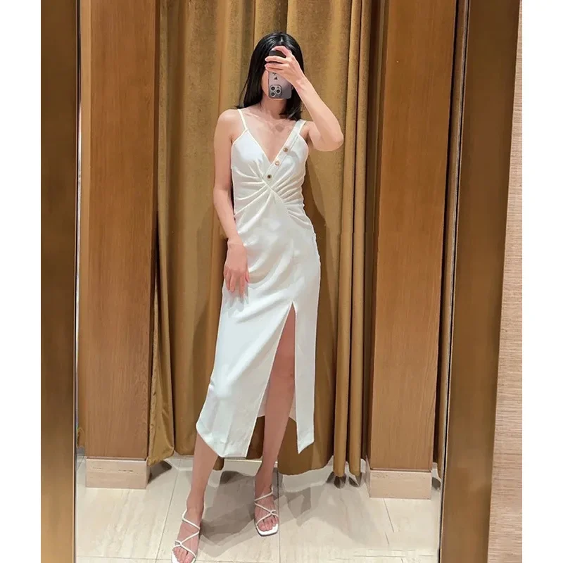 

Женское платье-миди на бретельках, белое платье с Боковым Разрезом, Новинка лета 2023