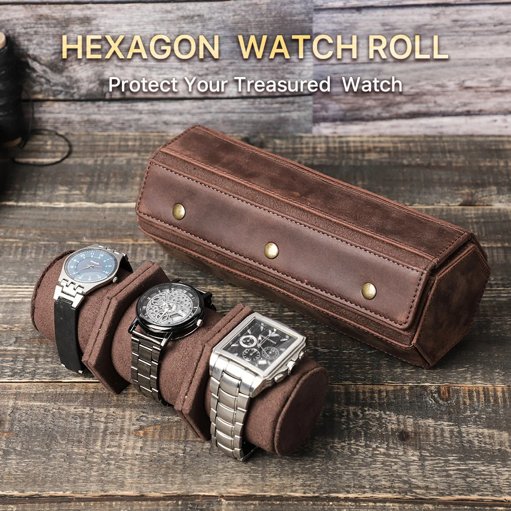 CONTACT'S FAMILY Retro Leather 3 Slots Watch Roll Retro Travel Case Chic Portable Display Jewelry Bracelet Storage Box Organizer