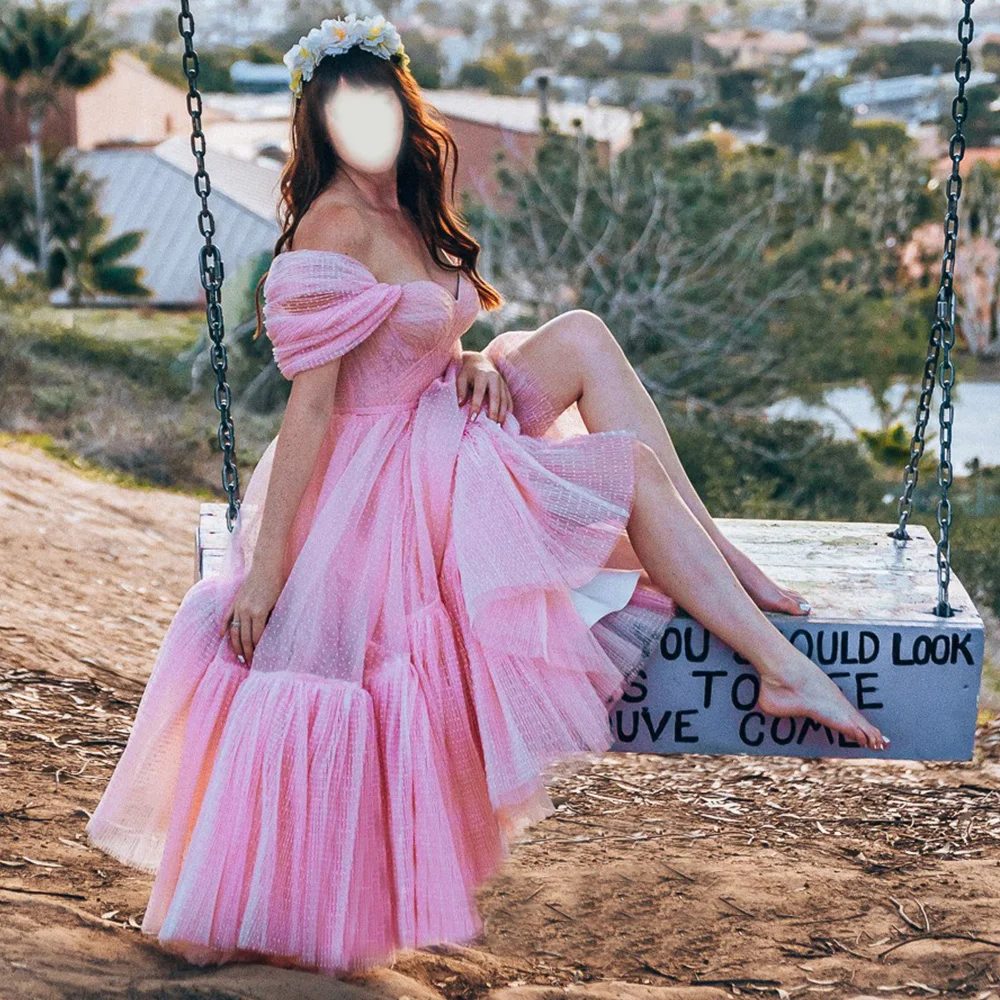 

Розовые вечерние платья 2022, женские длинные платья для выпускного вечера из тюля с открытыми плечами, а-силуэт, элегантное вечернее платье до середины икры