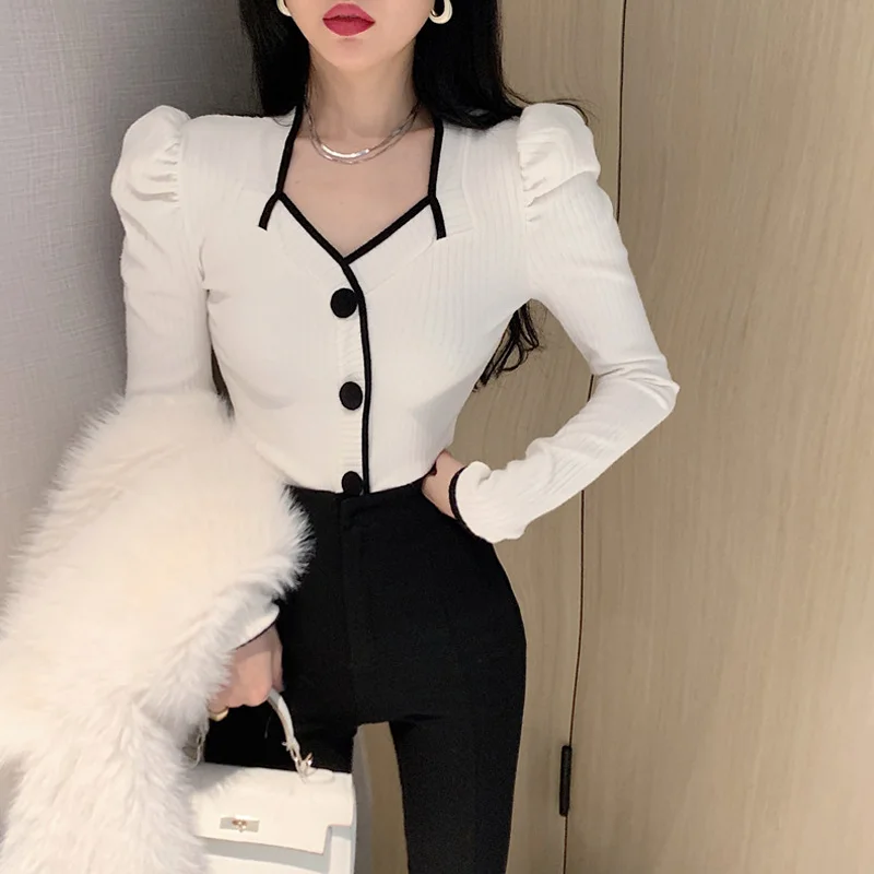 

French Fashion Puff Sleeve Black White Sweater Top Square Collar Knitted Jumper Retro Long Sleeve Button Slim Bottoming Shirt