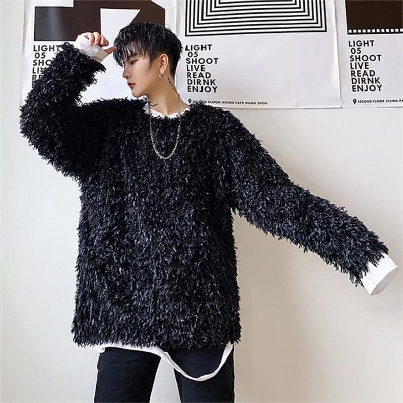 Fashion shirt men Hairy sweater shirt teenage korean shirt mens round collar Long sleeve loose black personality stage B458