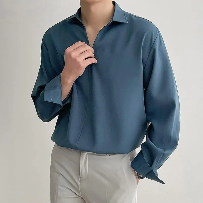 Mattswag Mens Korean Style Solid Color Pullover Shirts Spring Autumn Fashion Simple V Neck Men's Clothing Casual Handsome Camisa