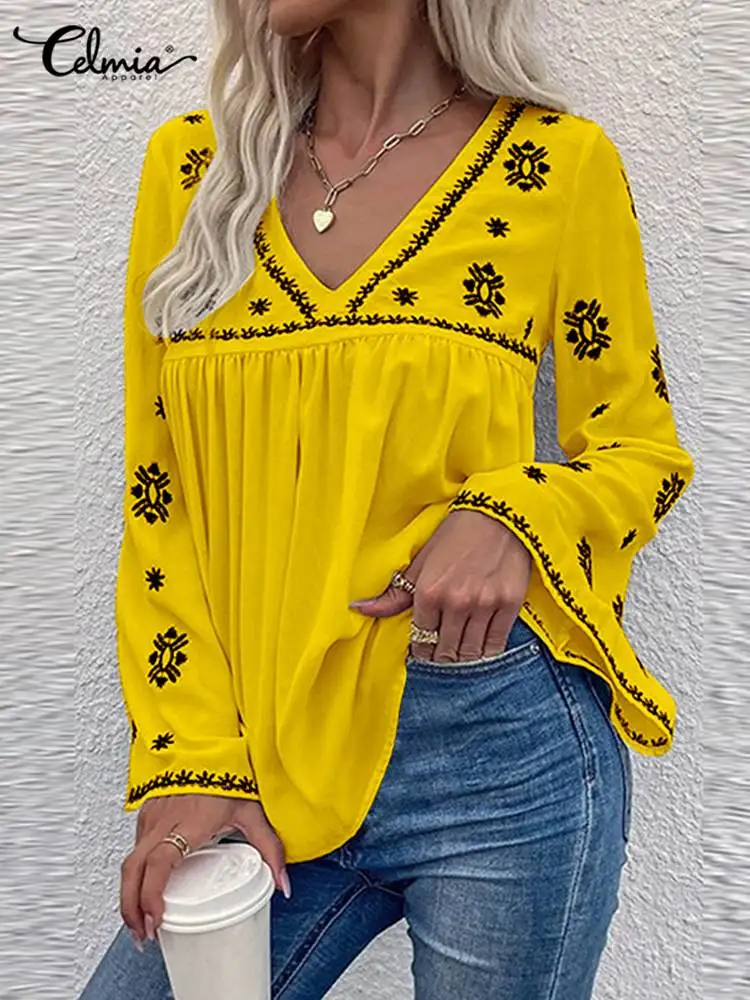 

Celmia Elegant Casual Shirt Flare Long Sleeve Floral Print 2022 Summer Fashion Tunic Tops V-neck Stitched Women's Street Blouses