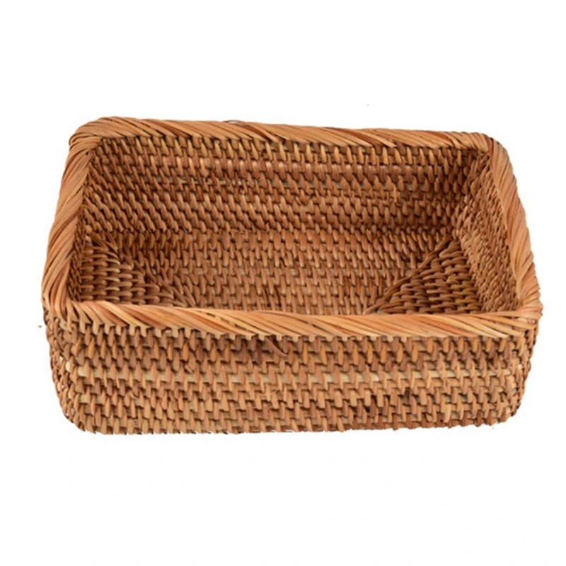 

Hand-Woven Rattan Wicker Basket Fruit Tea Snack Bread Basket Cosmetic Rectangular Storage Box Household Supplies