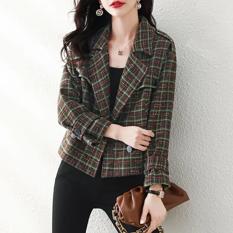 

New Fashion Plaid Wool Jacket Autumn and Winter Commuter Style All-match Casual Thin Long-sleeved Coat Trendy Top