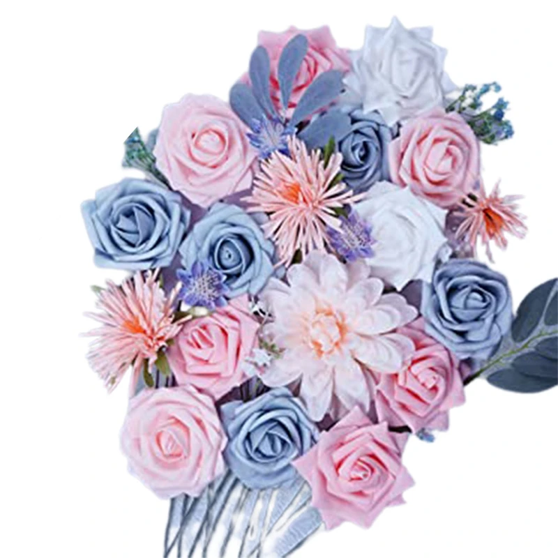 

Набор искусственных цветов, розовые и синие искусственные розы, цветы «сделай сам», свадебные букеты, орнамент для украшения дома