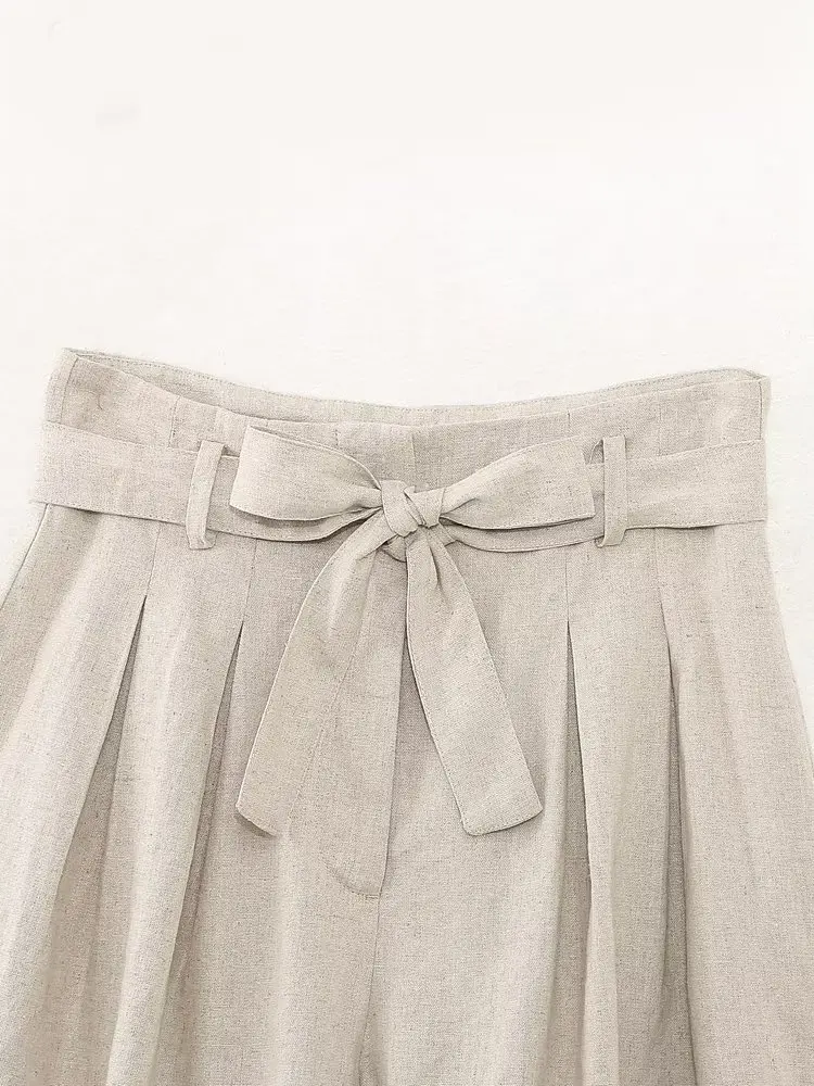 Withered Belted Ladies Loose Beige Lounge Shorts French Country Linen Bermuda Women