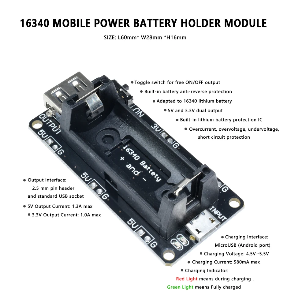 

16340 Micro USB Power Bank Battery Charger Module Dual Output 3.3V 5V Rechargeable Battery Holder Lithium Battery Charging Board