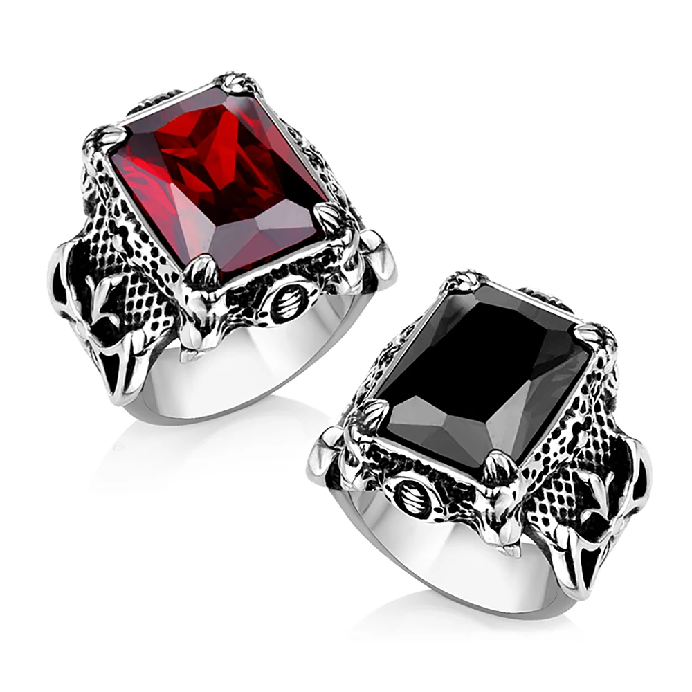 

Vintage Large Red/Black/Bule/Green Stone Ring For Men Women Punk Stainless Steel Viking Dragon Claw Ring Biker Jewlery Gifts