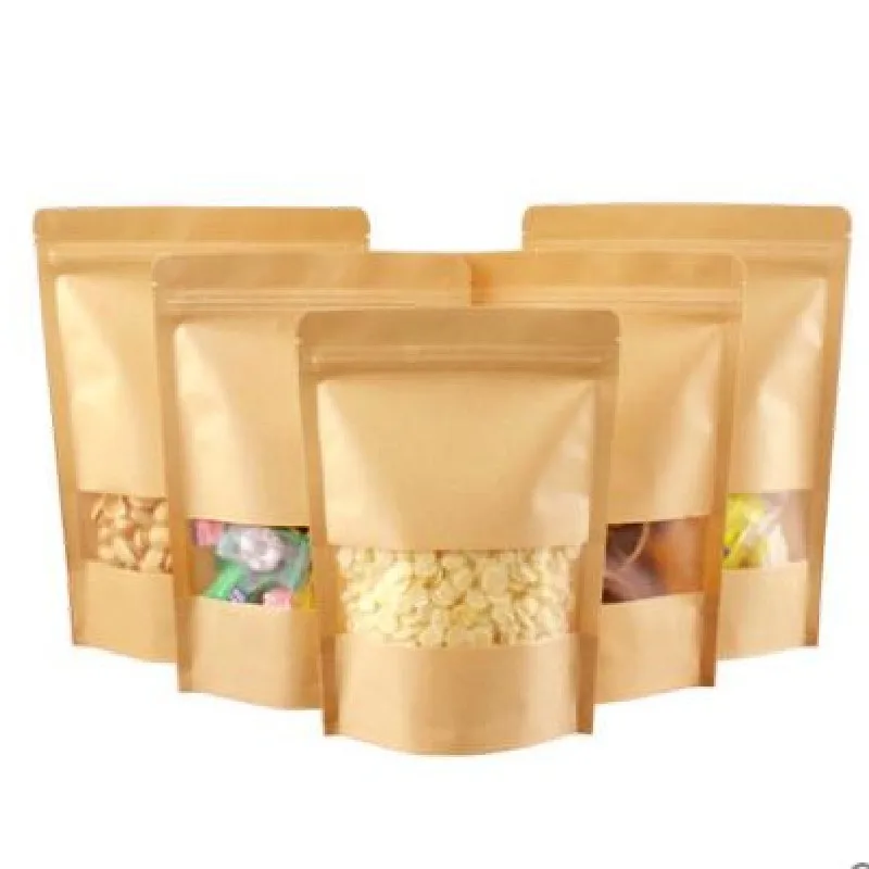 

Brown Kraft Paper Bags with Window Zip Lock Stand Up Resealable Grip Ziplock Pouches Tea Coffee Bean Candy Packaging Food 50Pcs