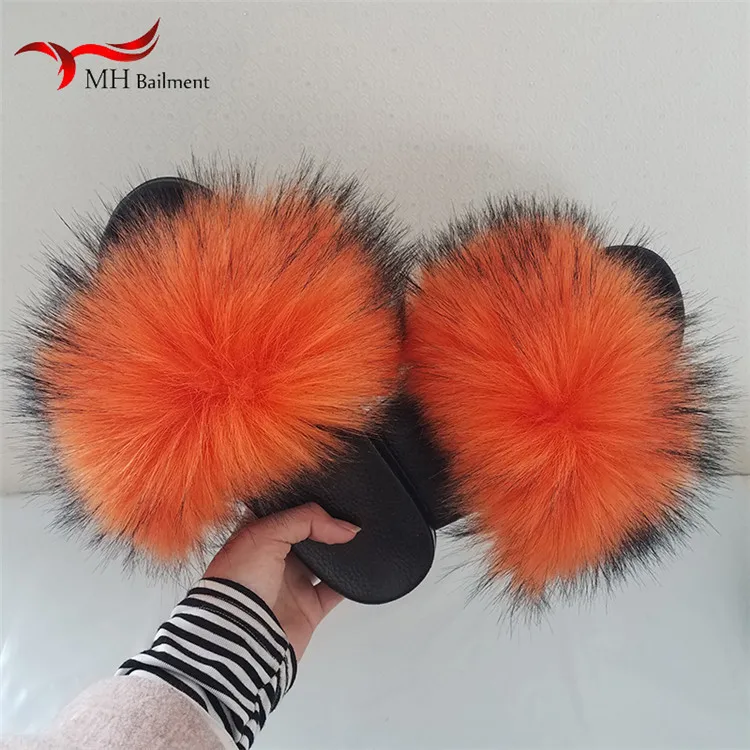Large Flully Fur Slides For Women Indoor Shoes Faux Fox Fur Slippers Plush Sandals Flats Woman Raccoon Fur Flip Flops