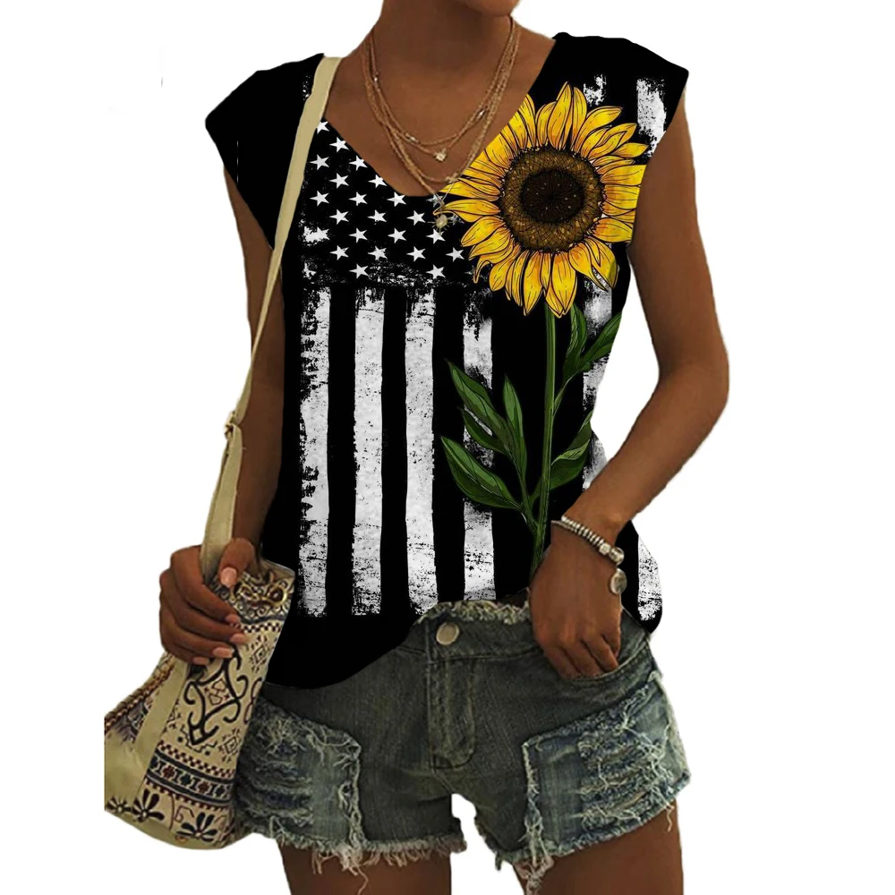 

Camis Tank Tops Sexy Vest Top Sunflower American Flag Print Women New Summer Sleeveless Harajuku Streetwear Loose Female T-Shirt