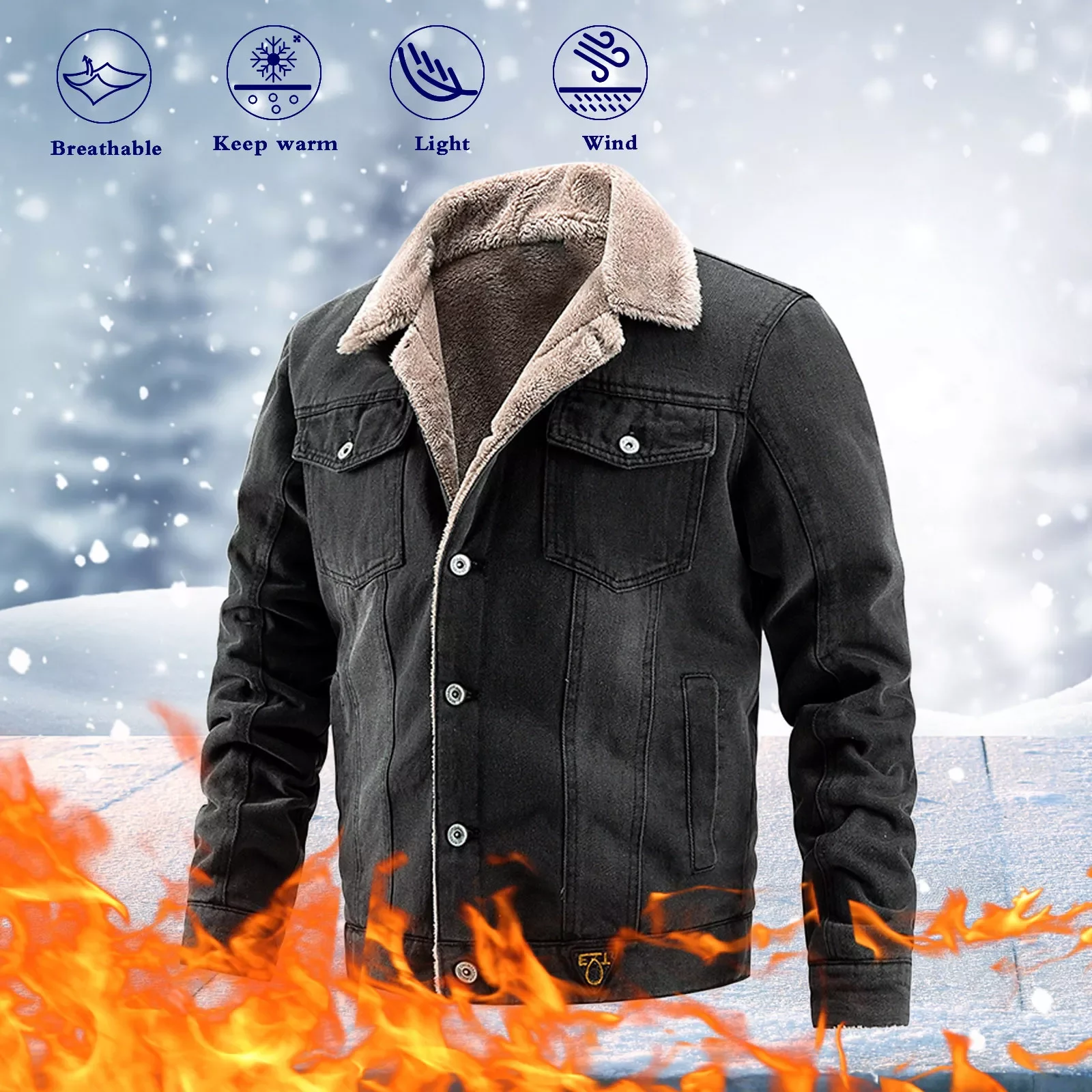 

Джинсовая куртка мужская в стиле ретро, верхняя одежда из денима, плюшевый воротник, длинный рукав, карманы, на пуговицах, теплая осенняя оде...